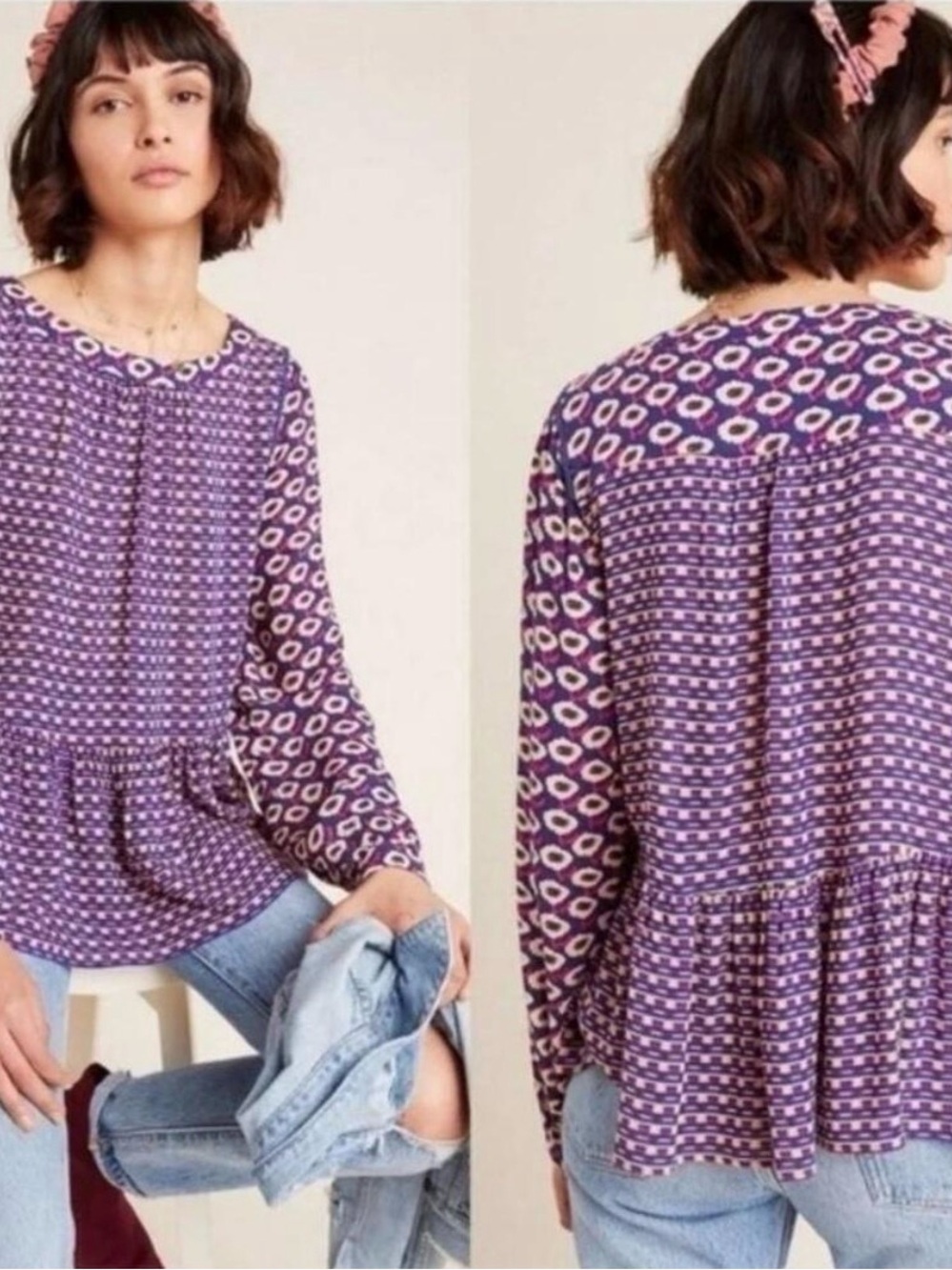 Anthropologie Maeve Women's Purple Patterned Long-Sleeve Peplum Top Small
